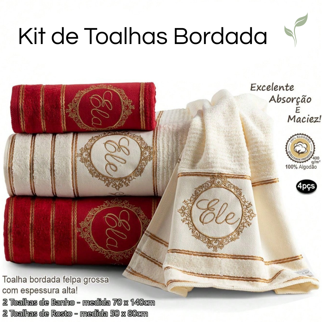 Kit 4 Toalhas Felpa Bordada 100% Algodão, toalhas, louhir, jogo de toalhas, https://louhir.com.br/