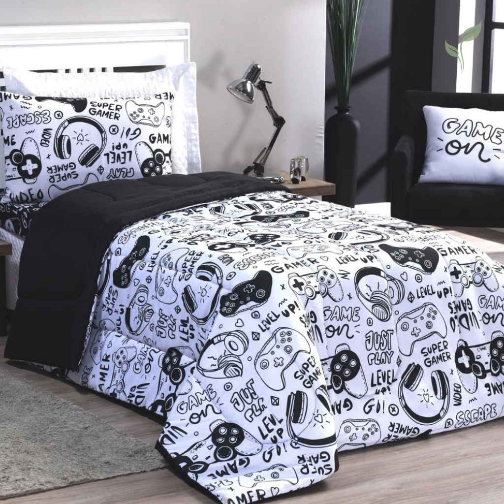 Edredom Casal Imprimer Alfa Gamer, capa de edredom mais mantas, capa de edredom, capa de cama, louhir, louhir.com, louhir.com.br