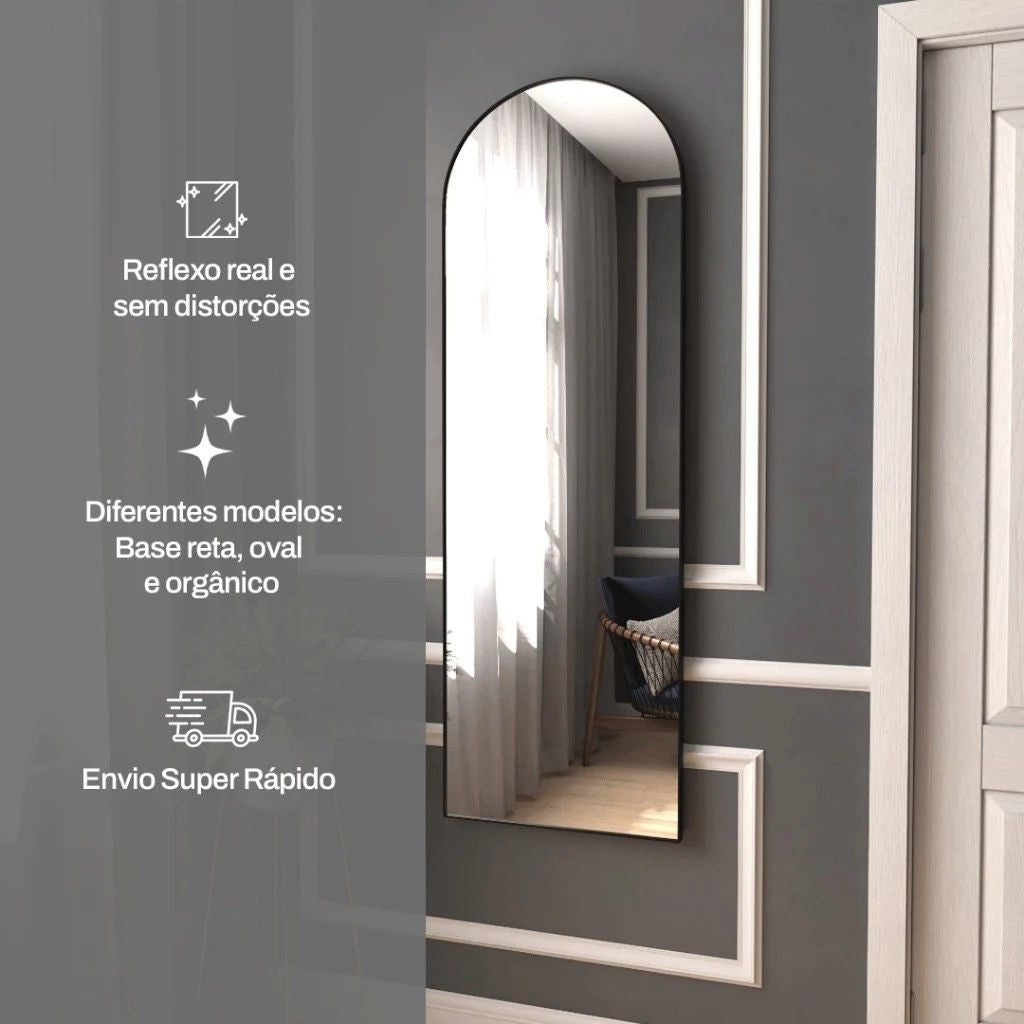 Espelho Dur Moderno 110x50 com base reta e moldura em couro. Corpo inteiro, reflexo sem distorções e design elegante para quartos, halls e closets.