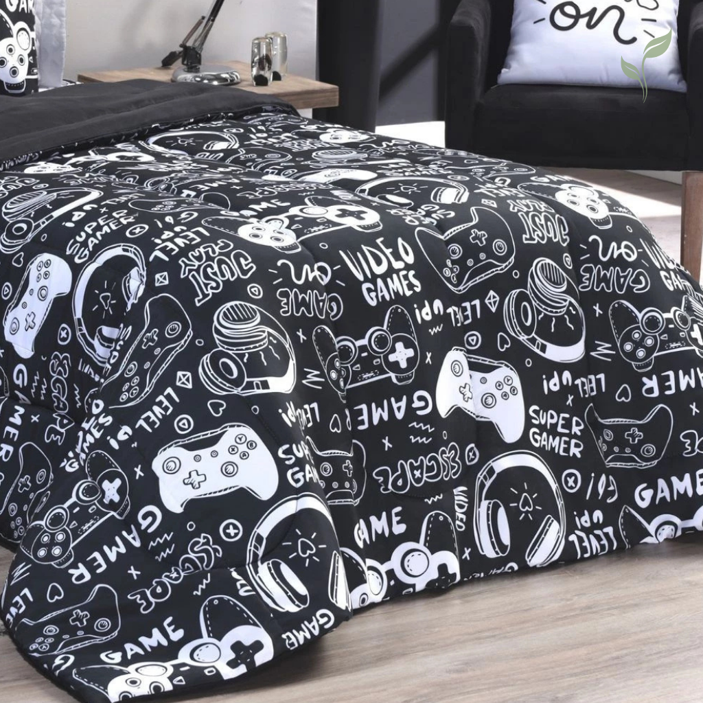 Edredom Casal Imprimer Alfa Gamer, capa de edredom mais mantas, capa de edredom, capa de cama, louhir, louhir.com, louhir.com.br