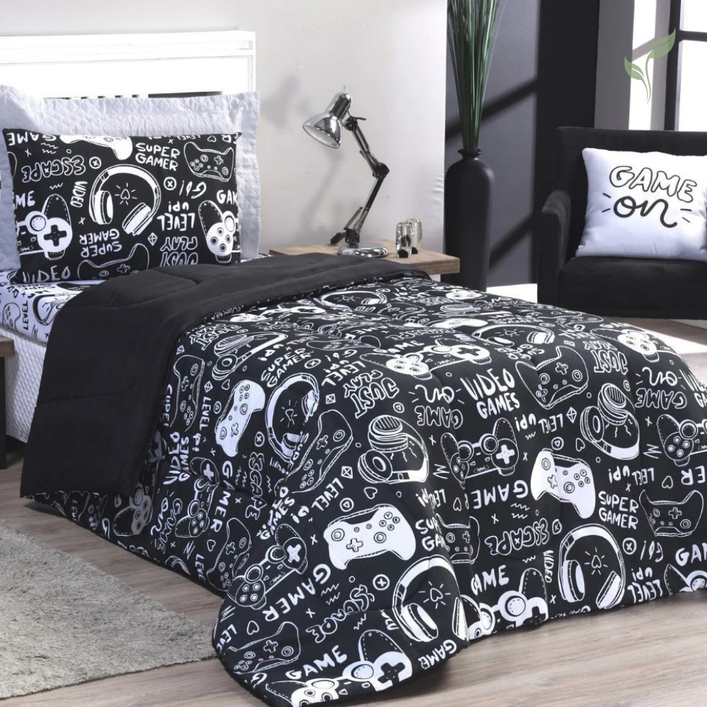 Edredom Casal Imprimer Alfa Gamer, capa de edredom mais mantas, capa de edredom, capa de cama, louhir, louhir.com, louhir.com.br