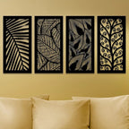 Kit com 4 quadros vazados de folhagem em MDF preto 60x29,5cm. Design moderno, corte a laser e fácil instalação sem furar a parede. Ideal para salas e quartos.