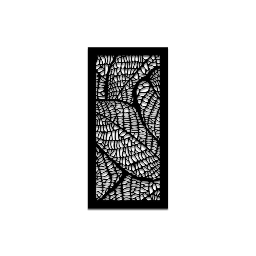 Kit com 4 quadros vazados de folhagem em MDF preto 60x29,5cm. Design moderno, corte a laser e fácil instalação sem furar a parede. Ideal para salas e quartos.