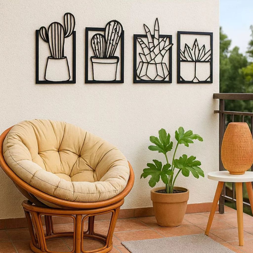 Kit 4 Quadros de cactos vazados em MDF preto premium. Design moderno, ecológico e fácil instalação com fita dupla face. Ideal para salas, varandas e cozinhas.