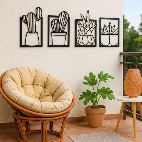 Kit 4 Quadros de cactos vazados em MDF preto premium. Design moderno, ecológico e fácil instalação com fita dupla face. Ideal para salas, varandas e cozinhas.