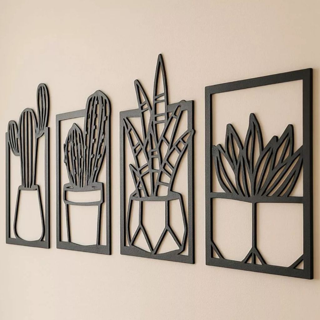 Kit 4 Quadros de cactos vazados em MDF preto premium. Design moderno, ecológico e fácil instalação com fita dupla face. Ideal para salas, varandas e cozinhas.