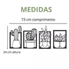 Kit 4 Quadros de cactos vazados em MDF preto premium. Design moderno, ecológico e fácil instalação com fita dupla face. Ideal para salas, varandas e cozinhas.