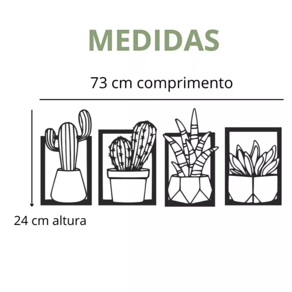 Kit 4 Quadros de cactos vazados em MDF preto premium. Design moderno, ecológico e fácil instalação com fita dupla face. Ideal para salas, varandas e cozinhas.