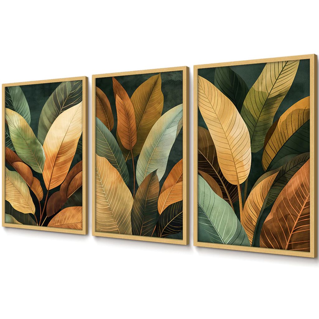 Tríptico Selva Feuillage com moldura caixinha e impressão premium. Folhas tropicais sofisticadas em tons dourados e verdes para salas e quartos elegantes.