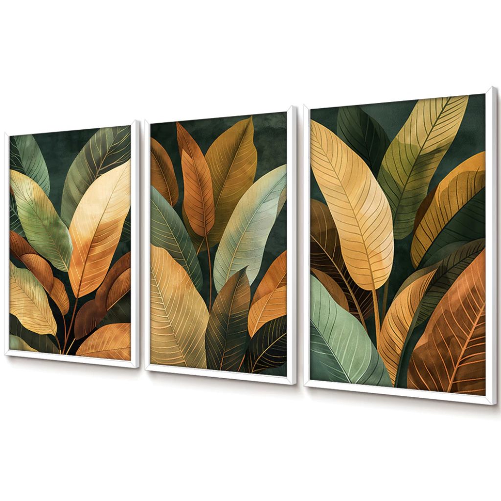 Tríptico Selva Feuillage com moldura caixinha e impressão premium. Folhas tropicais sofisticadas em tons dourados e verdes para salas e quartos elegantes.
