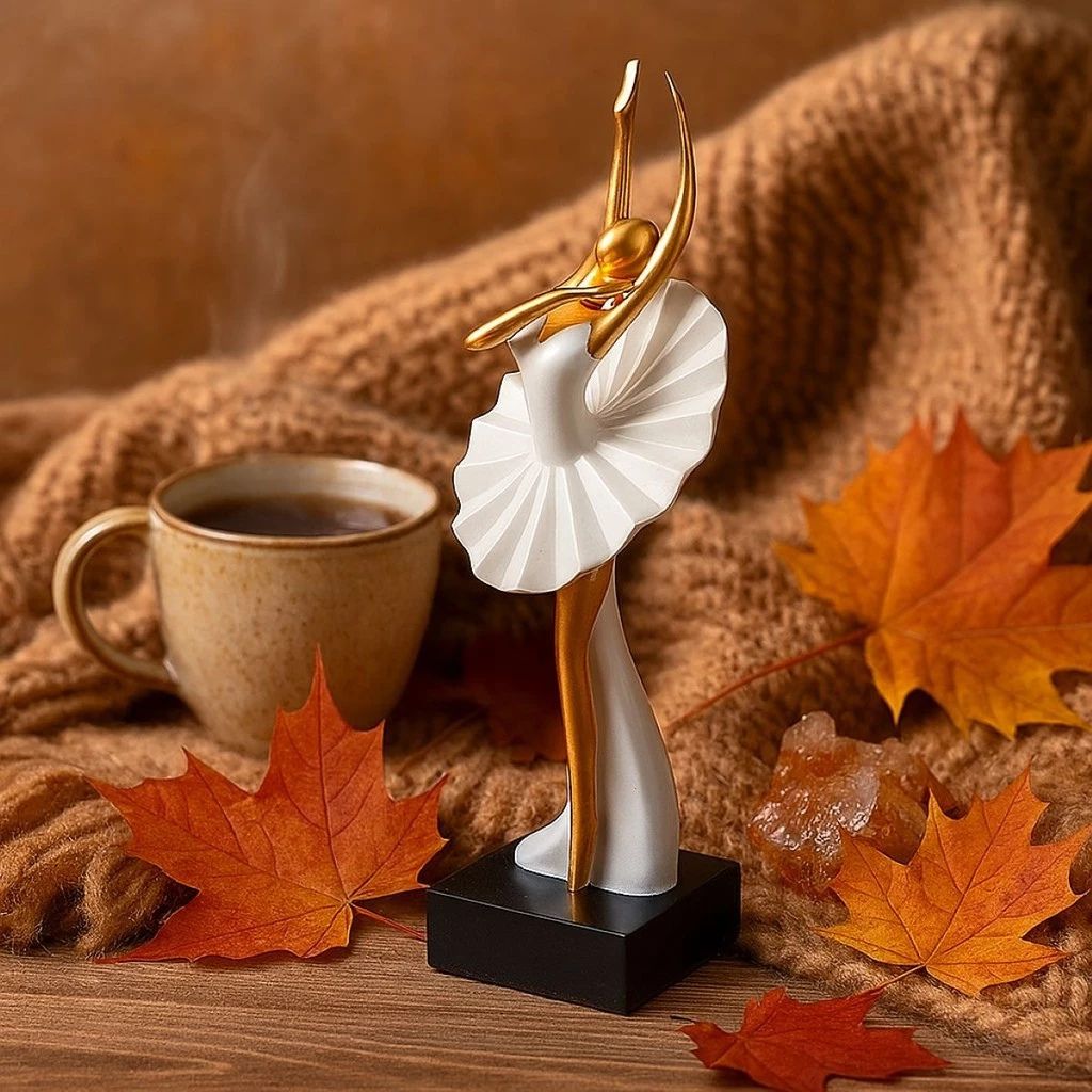 Escultura Ballet Bailarina Toque Dourado em resina, design branco e dourado minimalista. Peça elegante para aparadores, mesas e estantes, perfeita para amantes de dança.