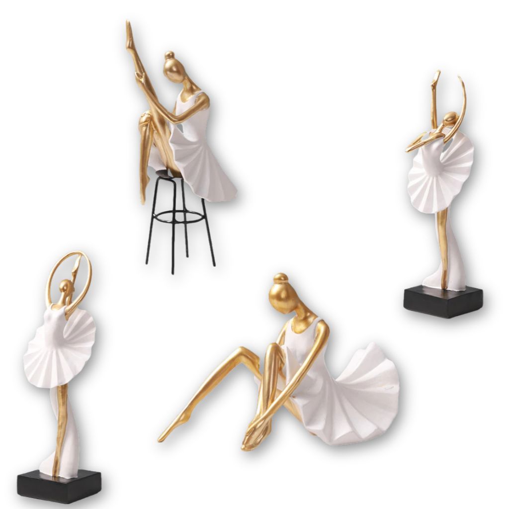 Escultura Ballet Bailarina Toque Dourado em resina, design branco e dourado minimalista. Peça elegante para aparadores, mesas e estantes, perfeita para amantes de dança.