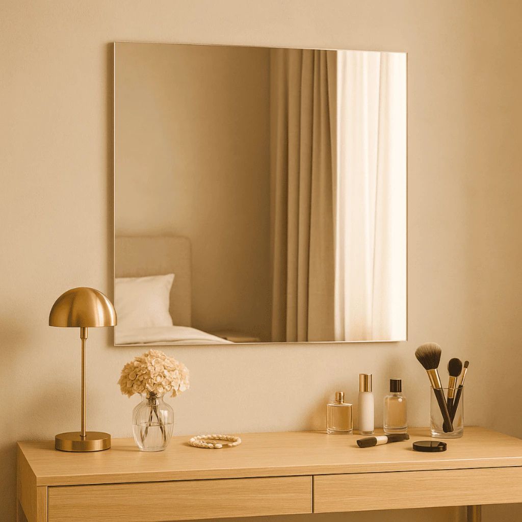 Espelho Carré 70x70cm em vidro real 3mm com bordas lapidadas. Resistente à umidade e com opções de instalação para banheiros, quartos, salas e halls.