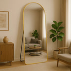 Espelho Grande Luxure 170x70 com moldura de alumínio em prata, dourado ou preto. Design arco, corpo inteiro, vidro lapidado e suporte de chão e parede.