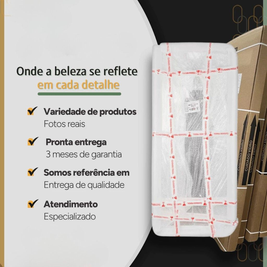 Espelho Grande Luxure 170x70 com moldura de alumínio em prata, dourado ou preto. Design arco, corpo inteiro, vidro lapidado e suporte de chão e parede.