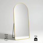 Espelho Grande Luxure 170x70 com moldura de alumínio em prata, dourado ou preto. Design arco, corpo inteiro, vidro lapidado e suporte de chão e parede.