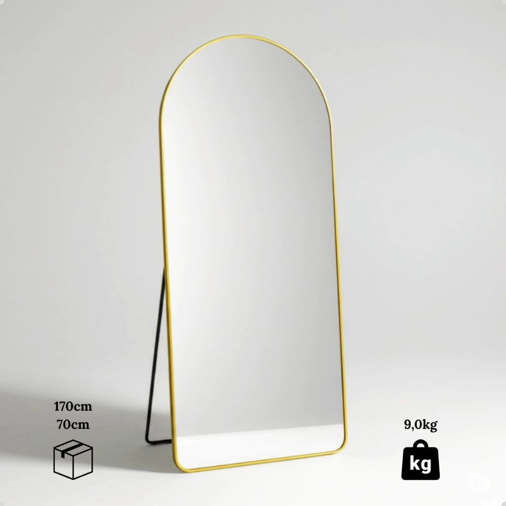 Espelho Grande Luxure 170x70 com moldura de alumínio em prata, dourado ou preto. Design arco, corpo inteiro, vidro lapidado e suporte de chão e parede.