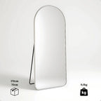 Espelho Grande Luxure 170x70 com moldura de alumínio em prata, dourado ou preto. Design arco, corpo inteiro, vidro lapidado e suporte de chão e parede.