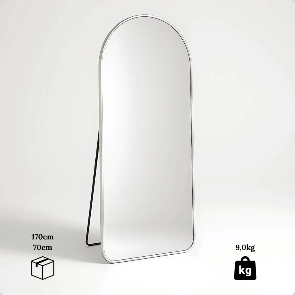 Espelho Grande Luxure 170x70 com moldura de alumínio em prata, dourado ou preto. Design arco, corpo inteiro, vidro lapidado e suporte de chão e parede.