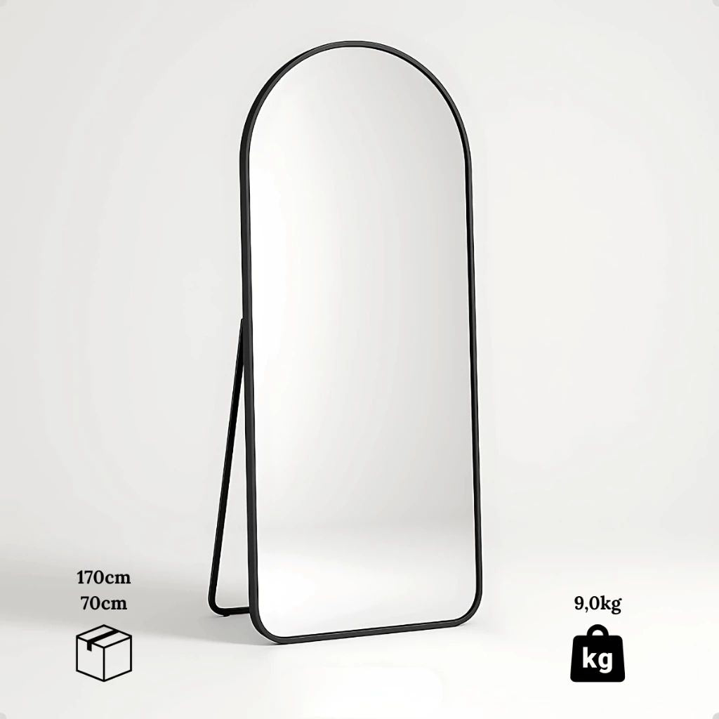 Espelho Grande Luxure 170x70 com moldura de alumínio em prata, dourado ou preto. Design arco, corpo inteiro, vidro lapidado e suporte de chão e parede.