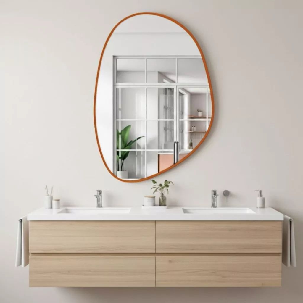 Espelho Grande Corte Livre Arrondi 60x40 com moldura em couro ecológico premium e vidro lapidado 3mm. Design orgânico moderno para banheiros, quartos e salas.