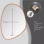 Espelho Grande Corte Livre Arrondi 60x40 com moldura em couro ecológico premium e vidro lapidado 3mm. Design orgânico moderno para banheiros, quartos e salas.