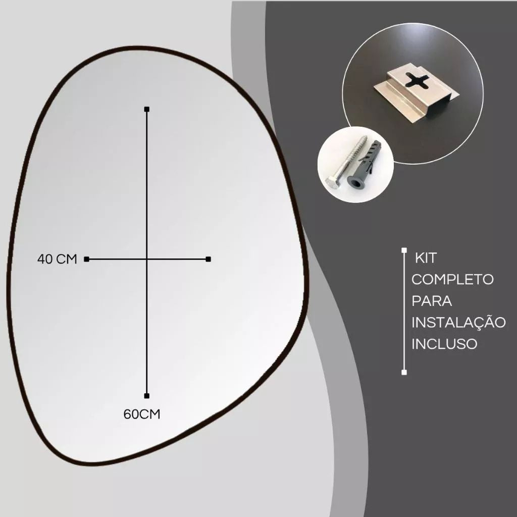 Espelho Grande Corte Livre Arrondi 60x40 com moldura em couro ecológico premium e vidro lapidado 3mm. Design orgânico moderno para banheiros, quartos e salas.