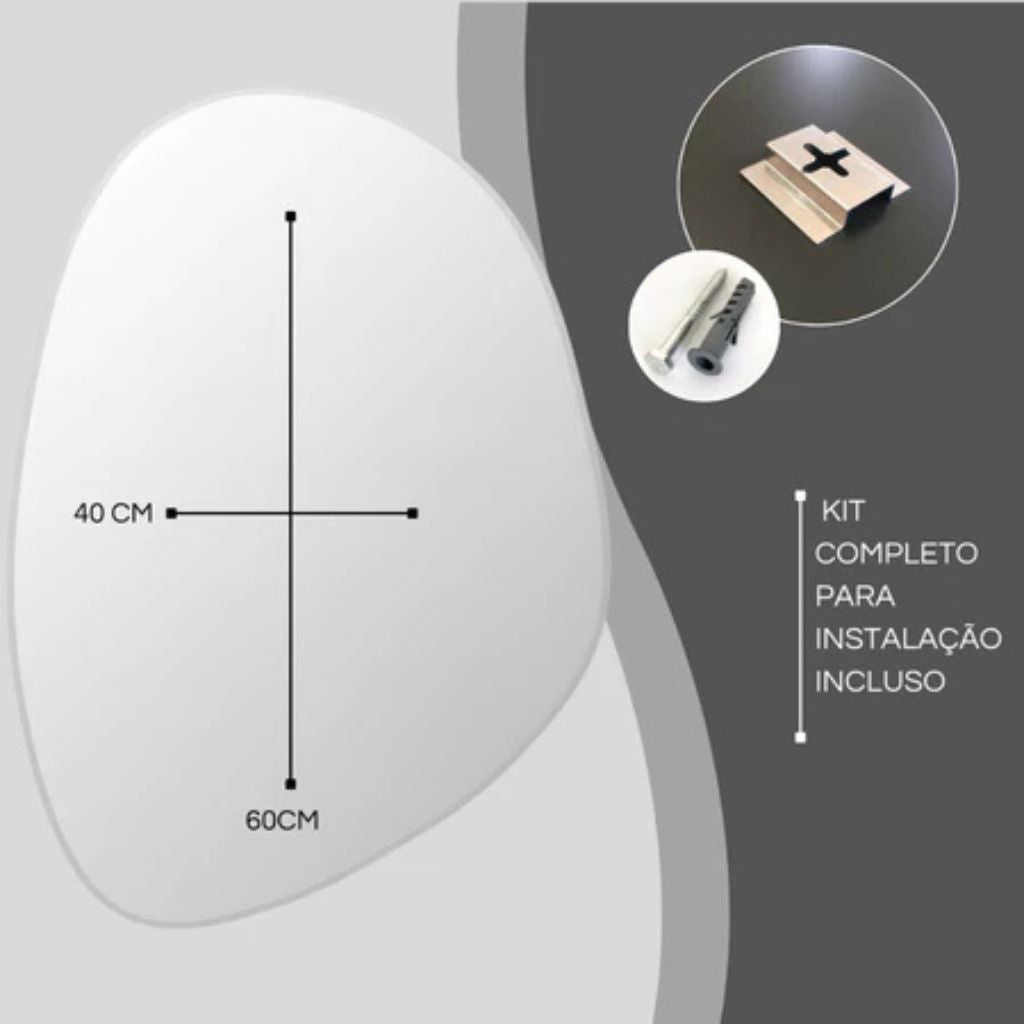Espelho Grande Corte Livre Arrondi 60x40 com moldura em couro ecológico premium e vidro lapidado 3mm. Design orgânico moderno para banheiros, quartos e salas.