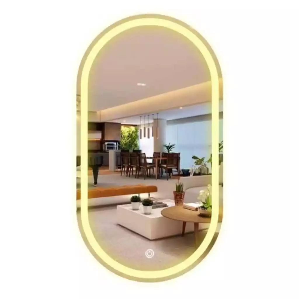 Espelho Luxury Oval LED Touch 120x60 ou 60x40 com iluminação ajustável, sensor touch, acabamento jateado e bivolt. Moderno e prático para qualquer ambiente.