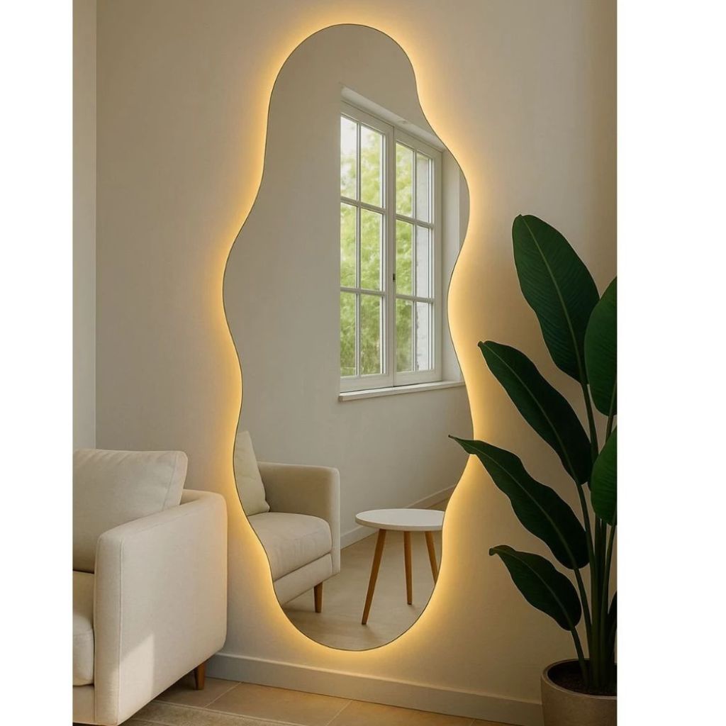 Espelho Nuage Orgânico LED 110x50 ou 90x50 com iluminação de contorno branco quente ou frio, vidro lapidado 3mm e design moderno para quartos, salas e closets.