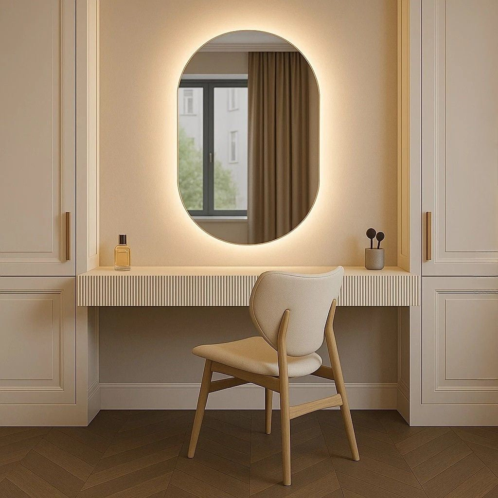 Espelho Oval Deux 40x50cm com opção de LED branco quente, frio ou sem LED. Vidro 3 mm, design moderno e acabamento sofisticado para banheiro, quarto e lavabo.