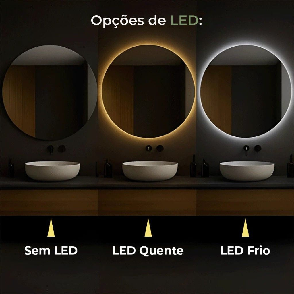 Espelho Redondo Lapidado Lumière 50cm ou 60cm com opção de LED quente, frio ou sem LED. Vidro verdadeiro, instalação fácil e design sofisticado para seu ambiente.