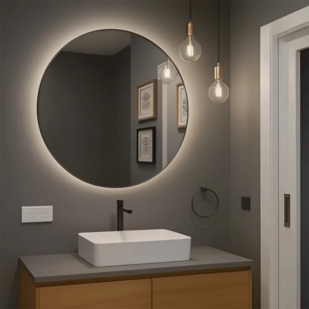 Espelho Redondo Lapidado Lumière 50cm ou 60cm com opção de LED quente, frio ou sem LED. Vidro verdadeiro, instalação fácil e design sofisticado para seu ambiente.