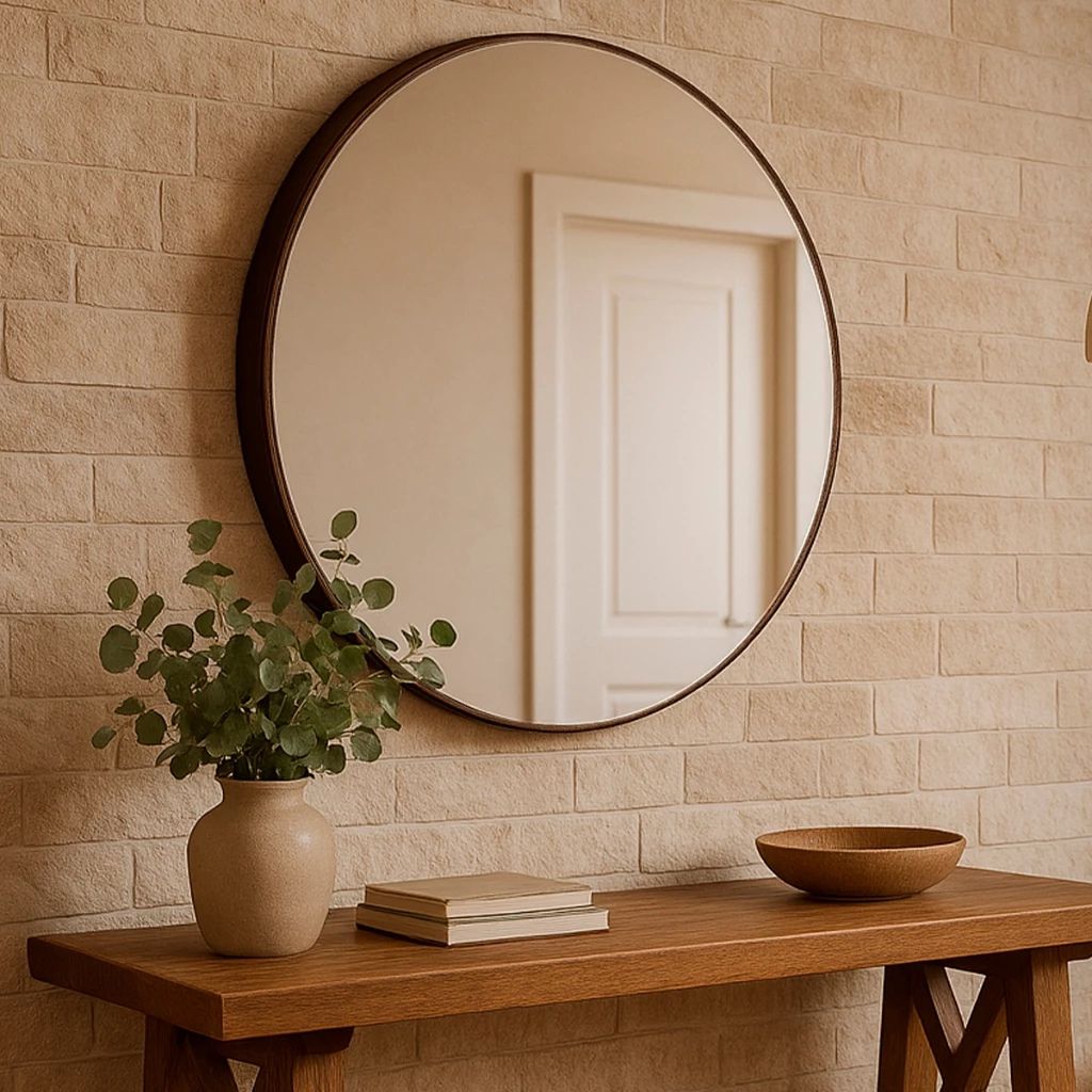 Espelho Rond Médio 60cm com borda estilo couro costurado e suporte para parede. Design redondo moderno que amplia e valoriza salas, quartos e halls.