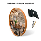 Espelho Rond Médio 60cm com borda estilo couro costurado e suporte para parede. Design redondo moderno que amplia e valoriza salas, quartos e halls.
