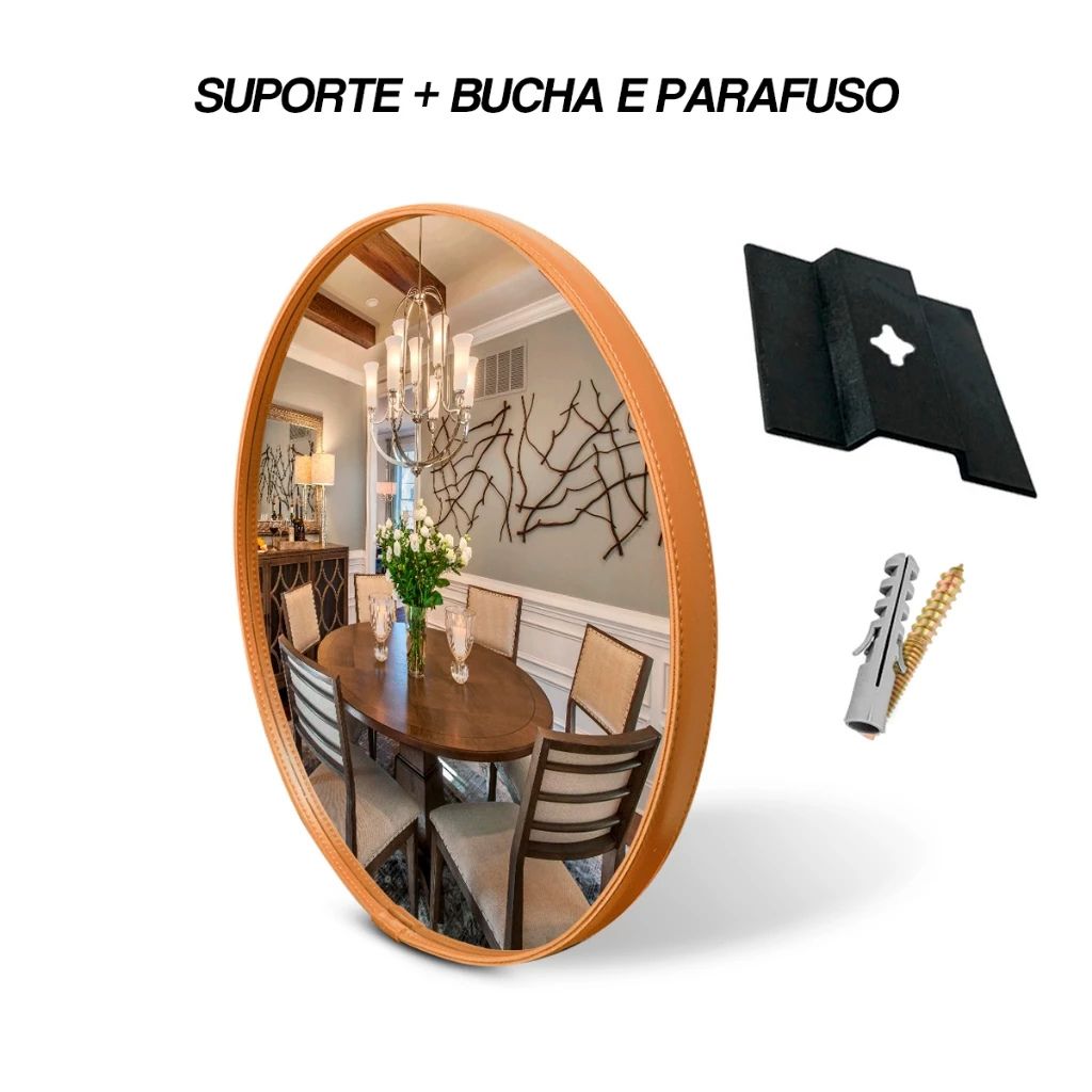 Espelho Rond Médio 60cm com borda estilo couro costurado e suporte para parede. Design redondo moderno que amplia e valoriza salas, quartos e halls.