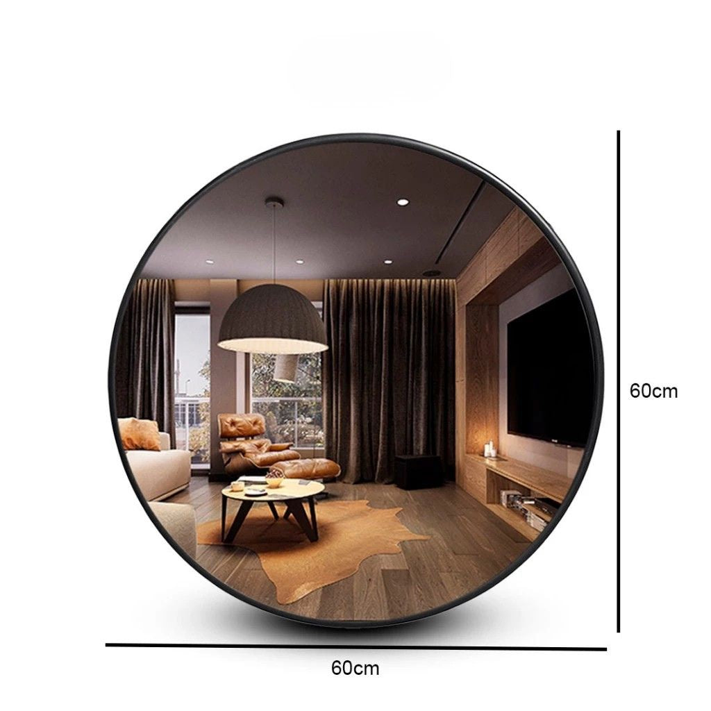 Espelho Rond Médio 60cm com borda estilo couro costurado e suporte para parede. Design redondo moderno que amplia e valoriza salas, quartos e halls.
