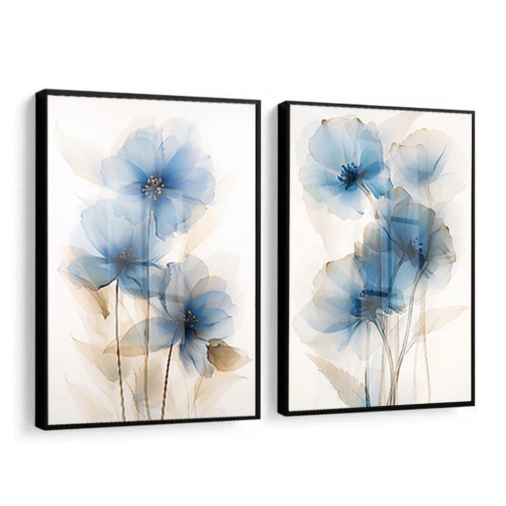 Kit 2 quadros Flores Bleu com moldura caixa alta e vidro cristalino. Arte leve e sofisticada em tons de azul para salas e quartos.