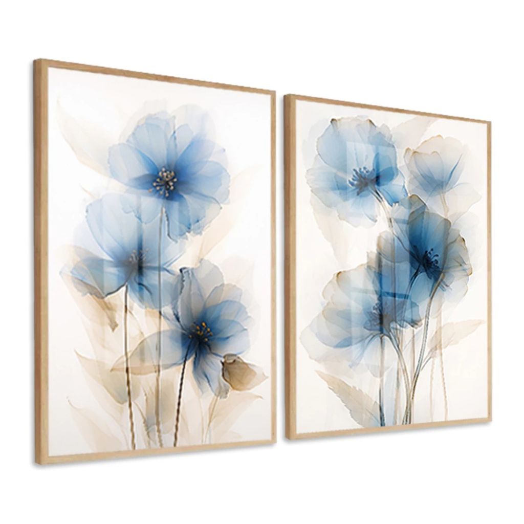 Kit 2 quadros Flores Bleu com moldura caixa alta e vidro cristalino. Arte leve e sofisticada em tons de azul para salas e quartos.