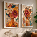 Kit 2 Quadros Féminin Art em tons terrosos com moldura laqueada e impressão HD. Arte feminina sofisticada para salas, quartos e home office.