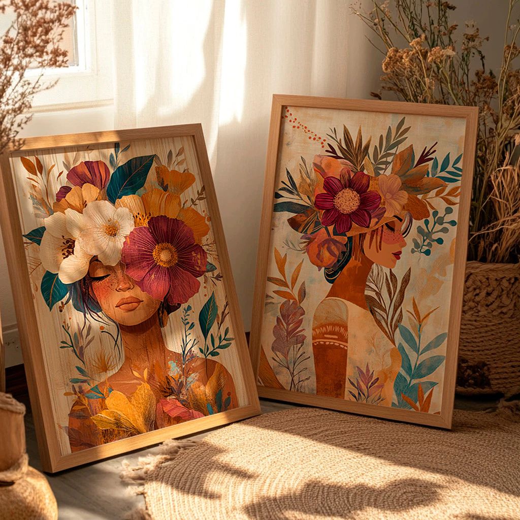 Kit 2 Quadros Féminin Art em tons terrosos com moldura laqueada e impressão HD. Arte feminina sofisticada para salas, quartos e home office.