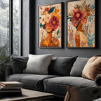 Kit 2 Quadros Féminin Art em tons terrosos com moldura laqueada e impressão HD. Arte feminina sofisticada para salas, quartos e home office.