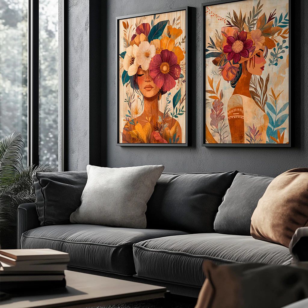 Kit 2 Quadros Féminin Art em tons terrosos com moldura laqueada e impressão HD. Arte feminina sofisticada para salas, quartos e home office.