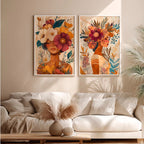 Kit 2 Quadros Féminin Art em tons terrosos com moldura laqueada e impressão HD. Arte feminina sofisticada para salas, quartos e home office.