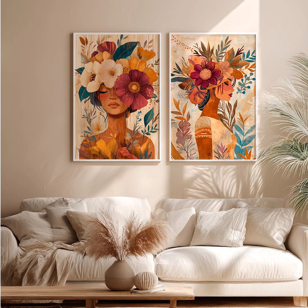 Kit 2 Quadros Féminin Art em tons terrosos com moldura laqueada e impressão HD. Arte feminina sofisticada para salas, quartos e home office.