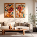 Kit 2 Quadros Féminin Art em tons terrosos com moldura laqueada e impressão HD. Arte feminina sofisticada para salas, quartos e home office.