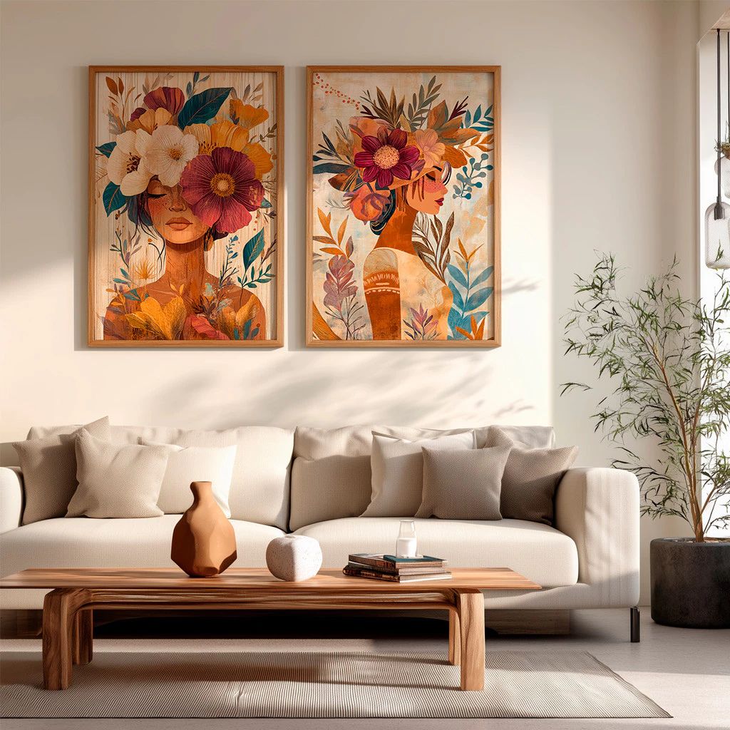 Kit 2 Quadros Féminin Art em tons terrosos com moldura laqueada e impressão HD. Arte feminina sofisticada para salas, quartos e home office.