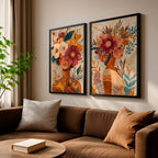 Kit 2 Quadros Féminin Art em tons terrosos com moldura laqueada e impressão HD. Arte feminina sofisticada para salas, quartos e home office.