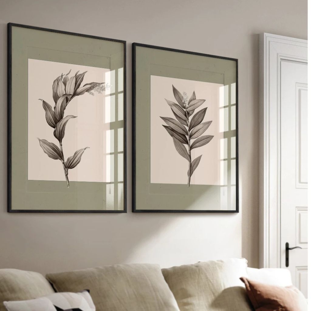 Kit 2 quadros botânicos Deux Floral 50x70 com moldura caixinha. Arte vintage elegante, impressão premium e opção com/sem vidro. Para salas e quartos.