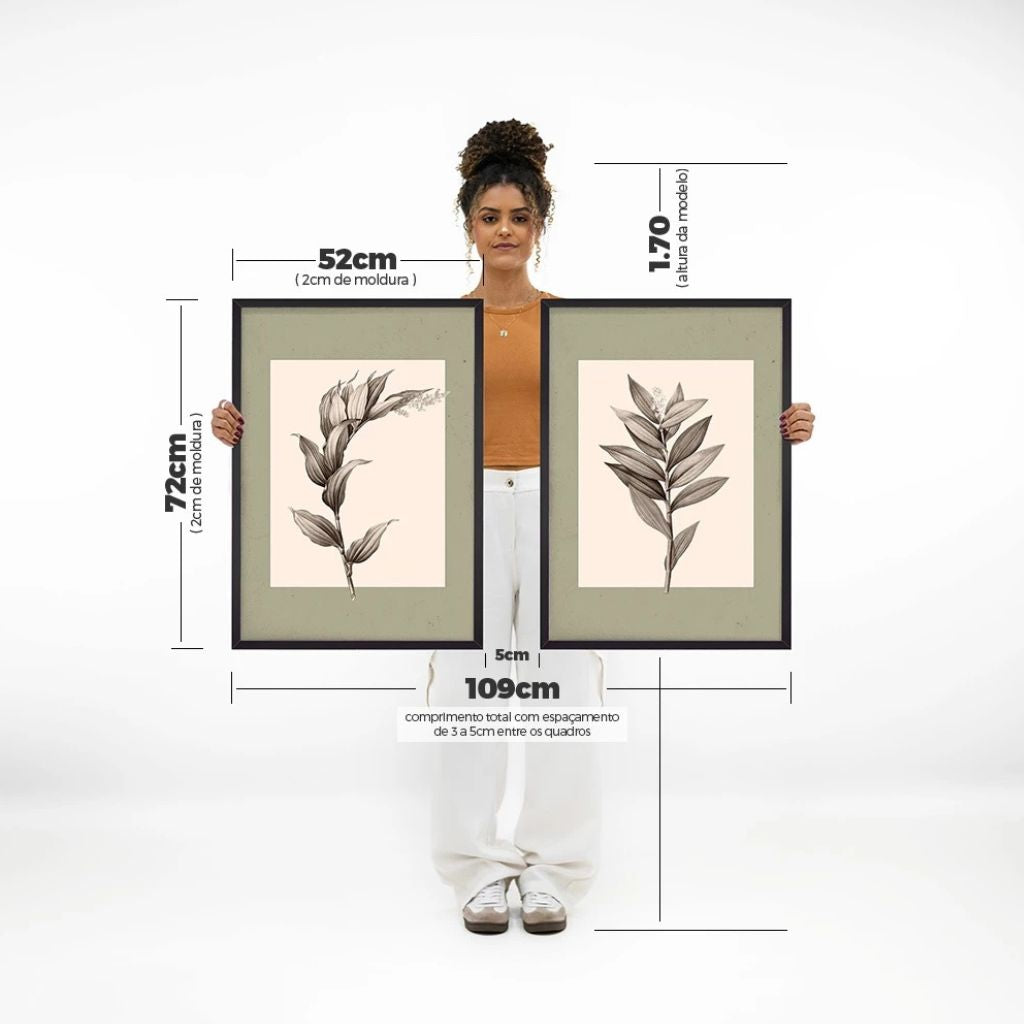 Kit 2 quadros botânicos Deux Floral 50x70 com moldura caixinha. Arte vintage elegante, impressão premium e opção com/sem vidro. Para salas e quartos.